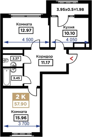 Планировка 2-комн 57,9 м²