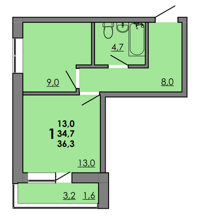 Планировка 1-комн 36,3 м²