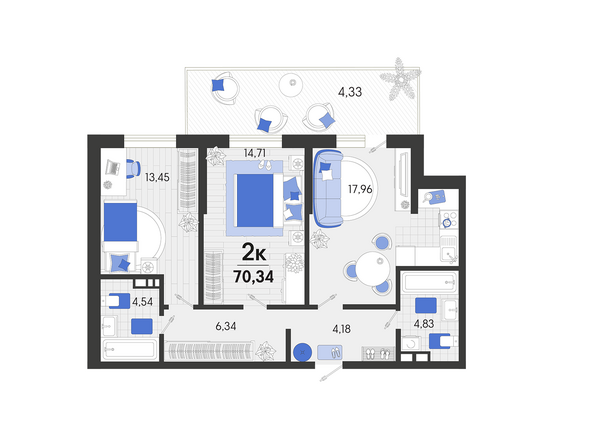 Планировка 2-комн 70,34 м²