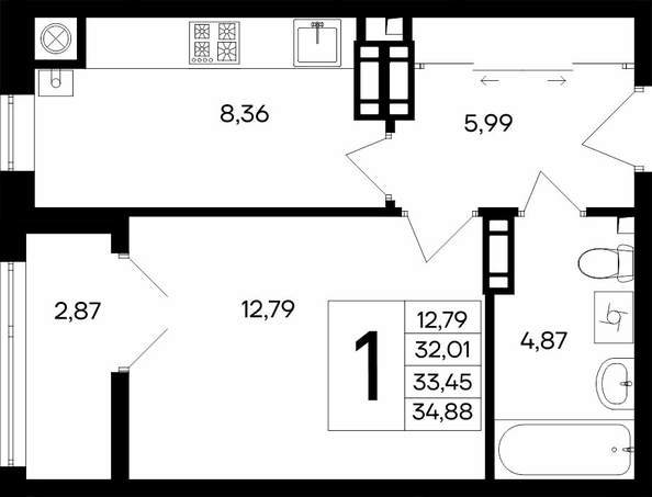 Планировка 1-комн 34,88, 35,28 м²