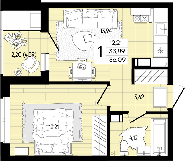 Планировка 1-комн 36,09 м²