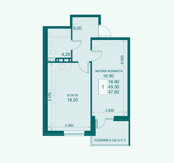 Планировка 1-комн 47,8, 48,2 м²