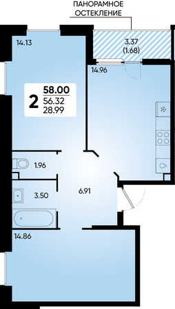 Планировка 2-комн 58 м²