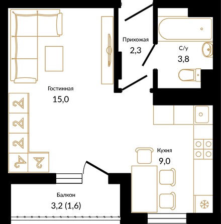 Планировка 1-комн 31,7 м²