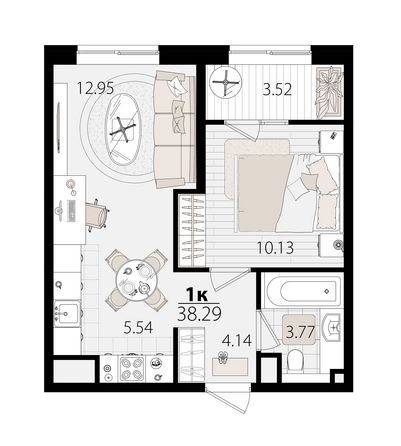 Планировка 1-комн 37,85 м²