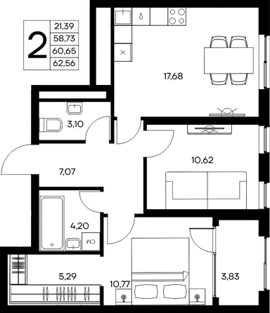 Планировка 2-комн 62,56 м²