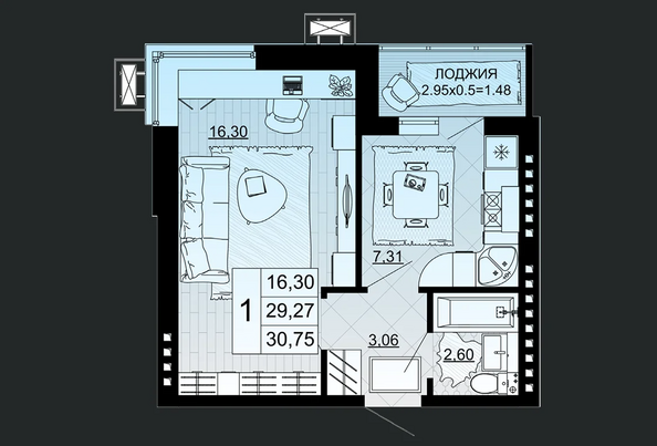 Планировка 1-комн 30,75 м²