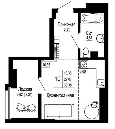 Планировка Студия 30,39 м²