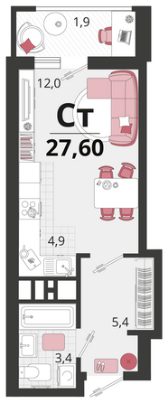 Планировка 1-комн 27,6 м²