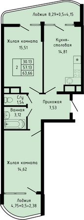 Планировка 2-комн 63,66 м²