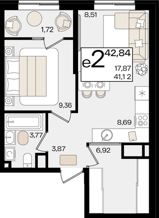 Планировка 2-комн 42,84 м²