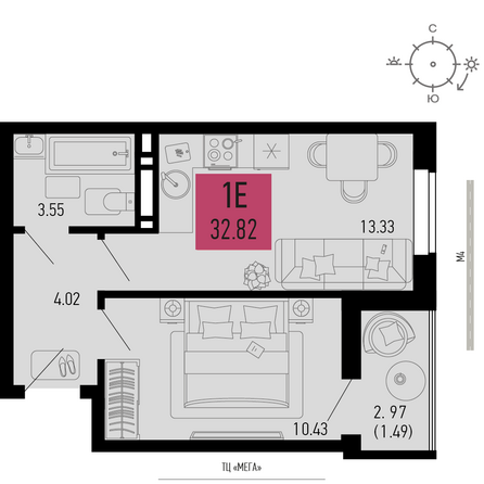 Планировка 1-комн 32,82 - 33,46 м²