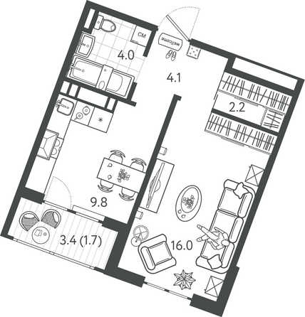 Планировка 1-комн 37,8 м²