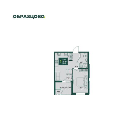 Планировка 1-комн 38,12 м²