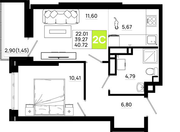Планировка 1-комн 40,72 м²