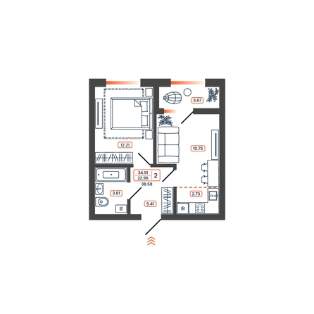 Планировка 2-комн 38,58 - 38,67 м²