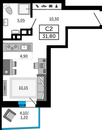 Планировка Студия 31,4, 31,8 м²