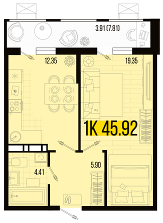 Планировка 1-комн 45,92 - 47,72 м²