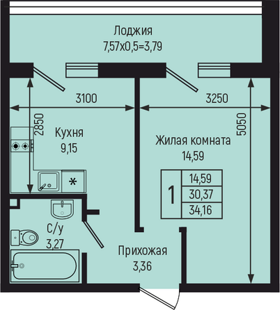 Планировка 1-комн 34,16 м²