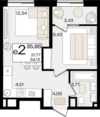 Планировка 2-комн 35,85 м²