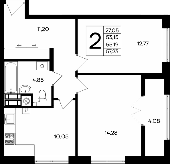 Планировка 2-комн 56,94, 57,23 м²