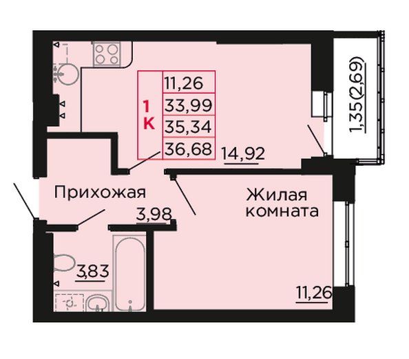 Планировка 1-комн 35,34 м²