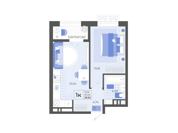 Планировка 1-комн 38,65, 38,67 м²