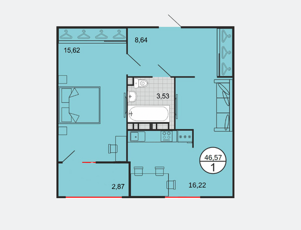 Планировка 1-комн 46,57 м²