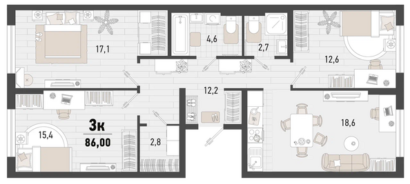 Планировка 3-комн 86 м²