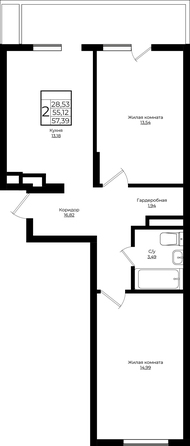 Планировка 2-комн 57,27, 57,39 м²