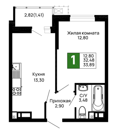 Планировка 1-комн 33,89 м²