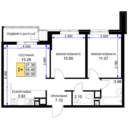 Планировка 2-комн 56 м²