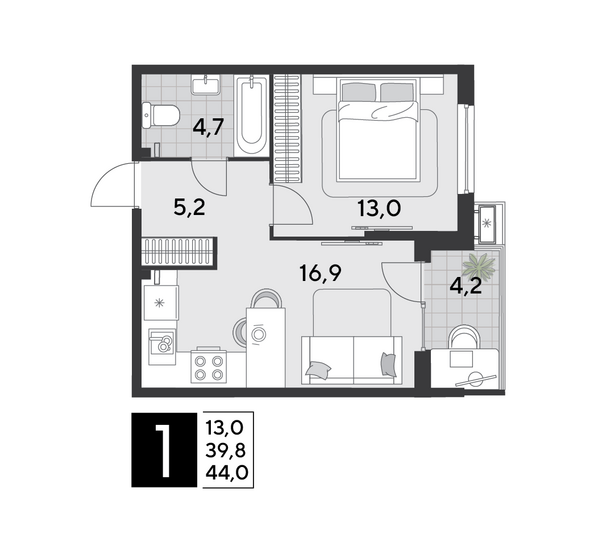 Планировка 1-комн 44 м²