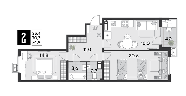 Планировка 2-комн 74,9 м²