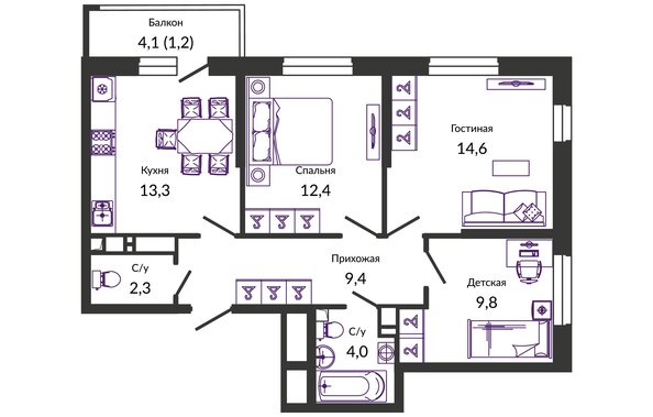 Планировка 3-комн 67, 67,7 м²