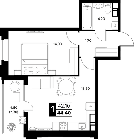 Планировка 1-комн 44,4, 45 м²