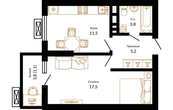 Планировка 1-комн 39,1, 39,2 м²