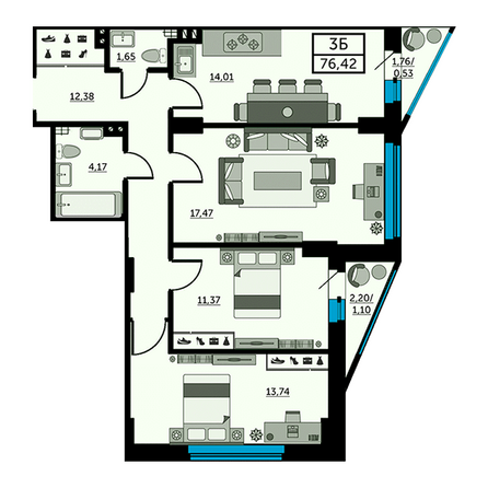 Планировка 3-комн 76,5, 76,7 м²