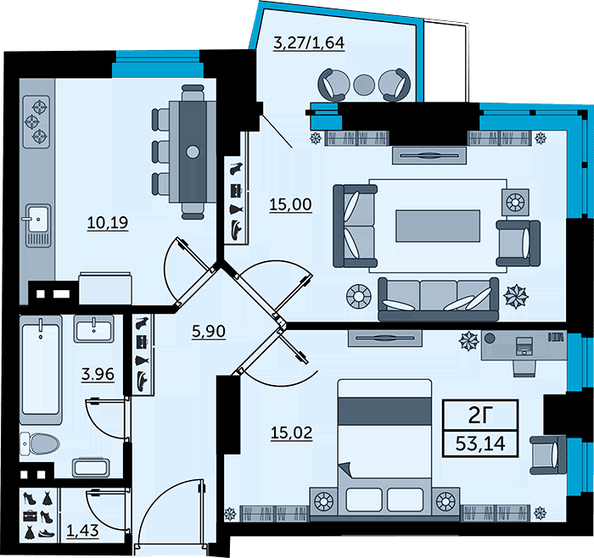 Планировка 2-комн 53,06 - 53,23 м²