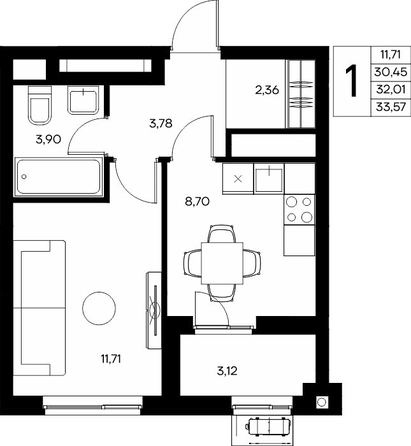 Планировка 1-комн 33,57, 33,85 м²