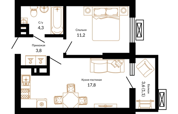 Планировка 1-комн 38,2, 38,3 м²