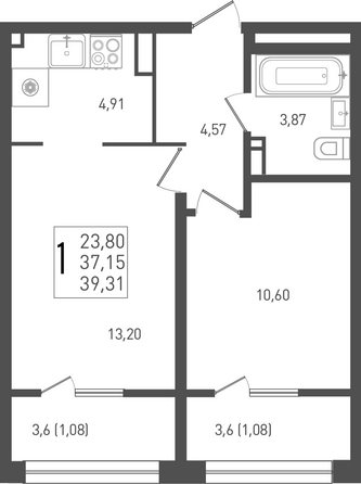 Планировка 1-комн 39,31 - 39,68 м²