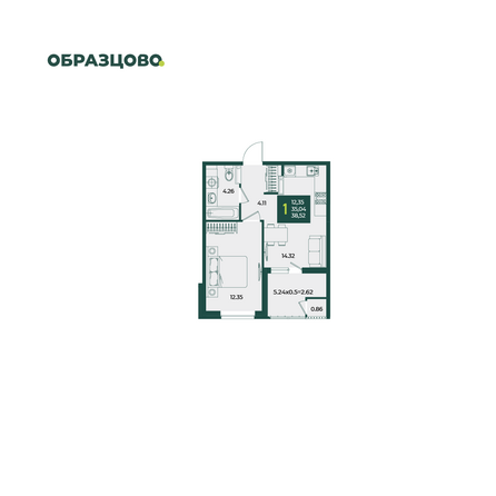 Планировка 1-комн 38,52 м²