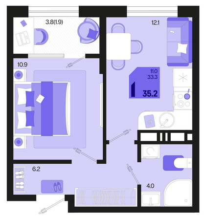 Планировка 1-комн 35,2, 36 м²