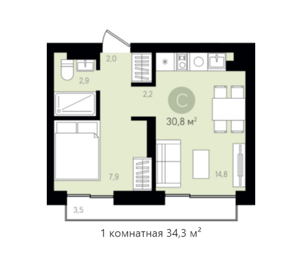 Планировка 1-комн 34,3 м²