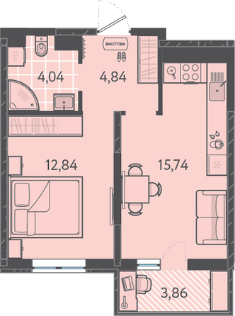 Планировка 1-комн 38,62 м²