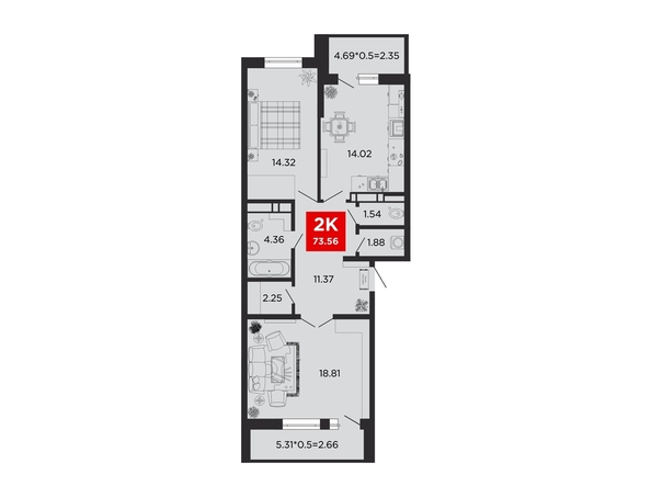 Планировка 2-комн 73,56 м²