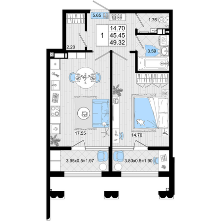 Планировка 1-комн 49,32 м²