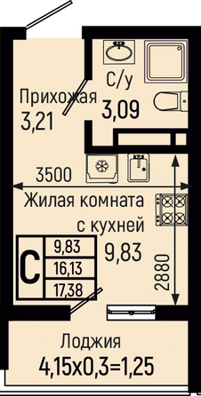 Планировка Студия 17,38 м²