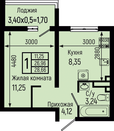 Планировка 1-комн 28,66 м²